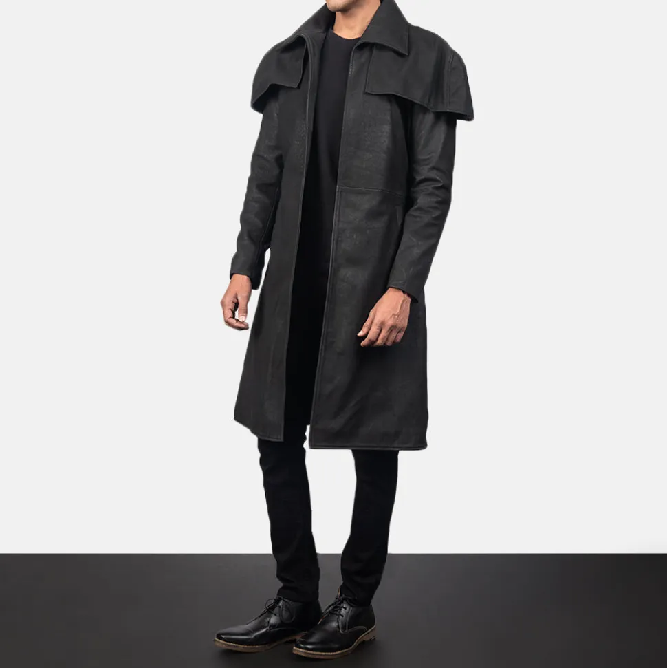Classic Distressed Black Leather Duster