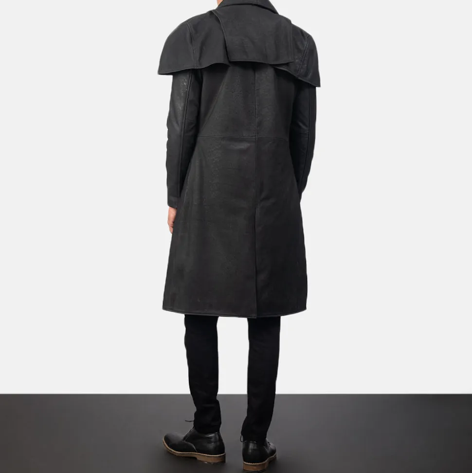 Classic Distressed Black Leather Duster