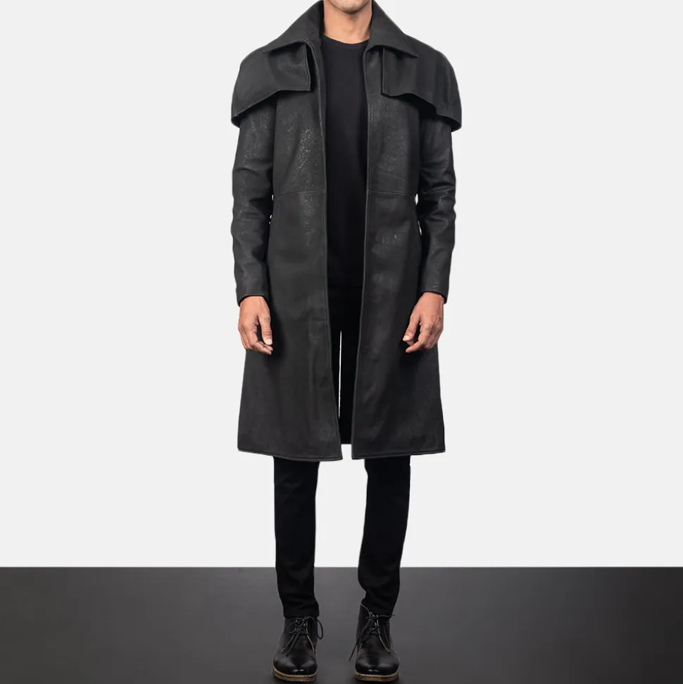 Classic Distressed Black Leather Duster