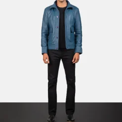 Columbus Blue Leather Bomber Jacket