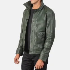 Columbus Green Leather Bomber Jacket
