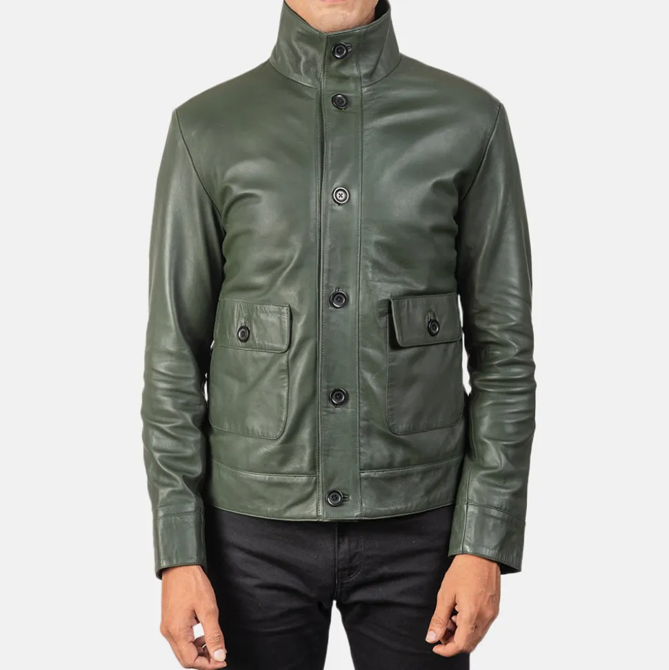 Columbus Green Leather Bomber Jacket