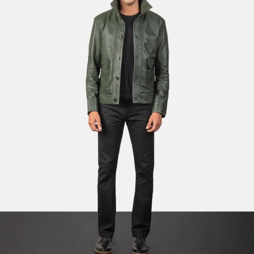 Columbus Green Leather Bomber Jacket