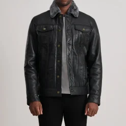 Dallis Black Leather Shearling Trucker Jacket