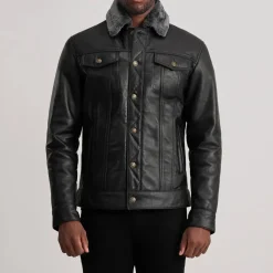 Dallis Black Leather Shearling Trucker Jacket