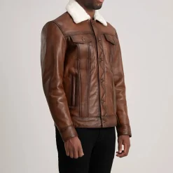 Dallis Brown Leather Shearling Trucker Jacket