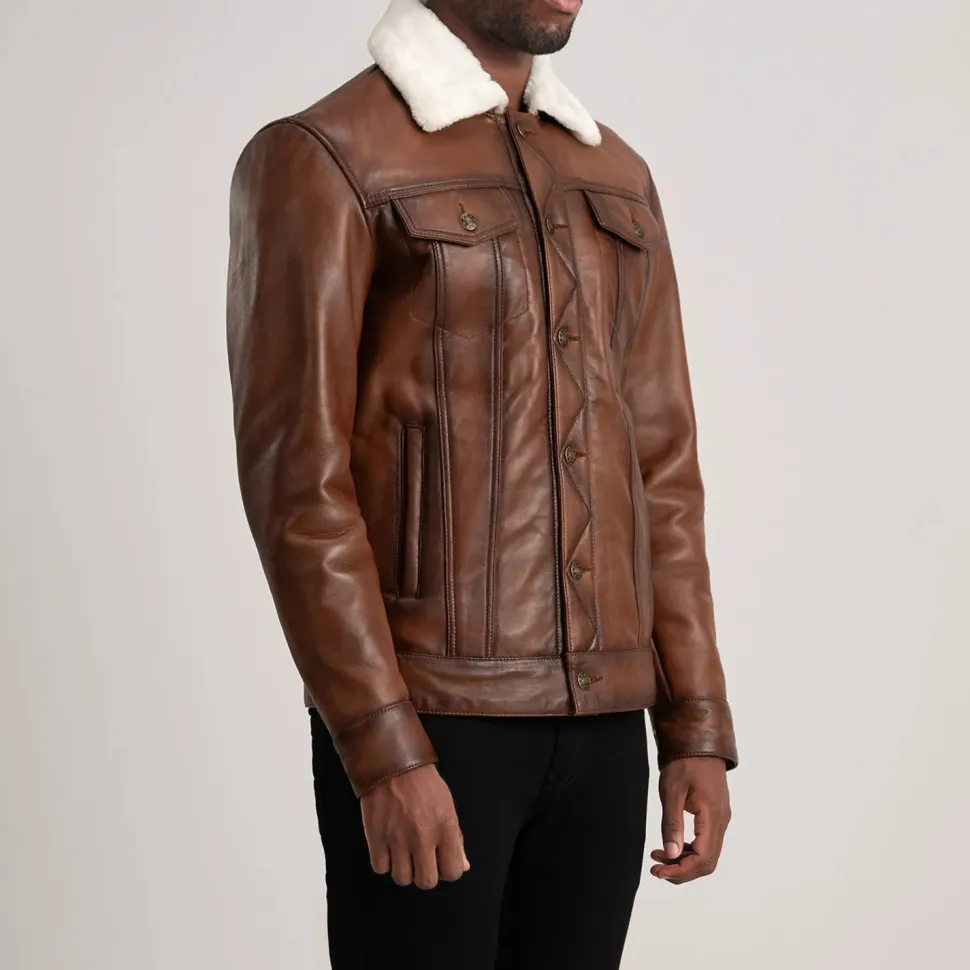Dallis Brown Leather Shearling Trucker Jacket