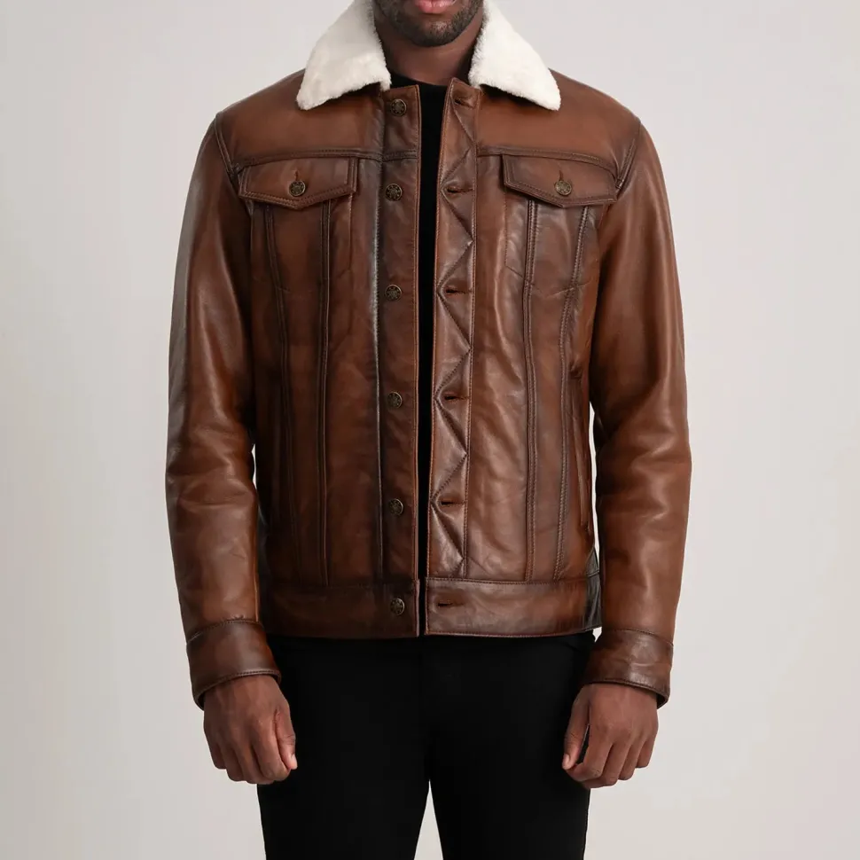 Dallis Brown Leather Shearling Trucker Jacket