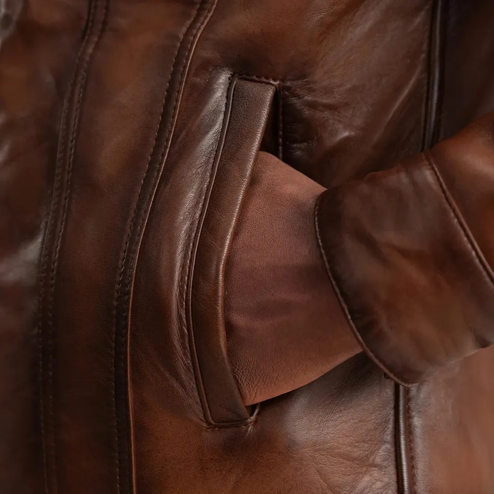 Dallis Brown Leather Shearling Trucker Jacket