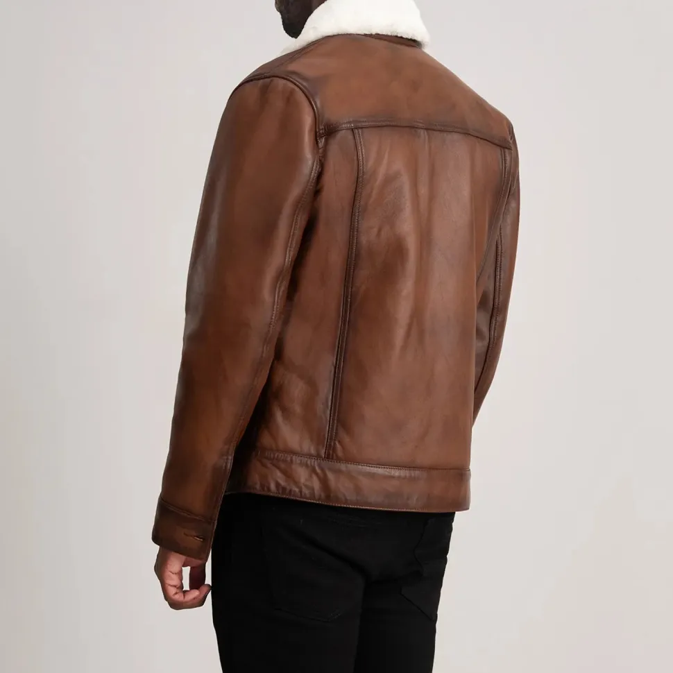 Dallis Brown Leather Shearling Trucker Jacket