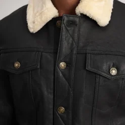Dallis Distressed Black Leather Shearling Trucker Jacket