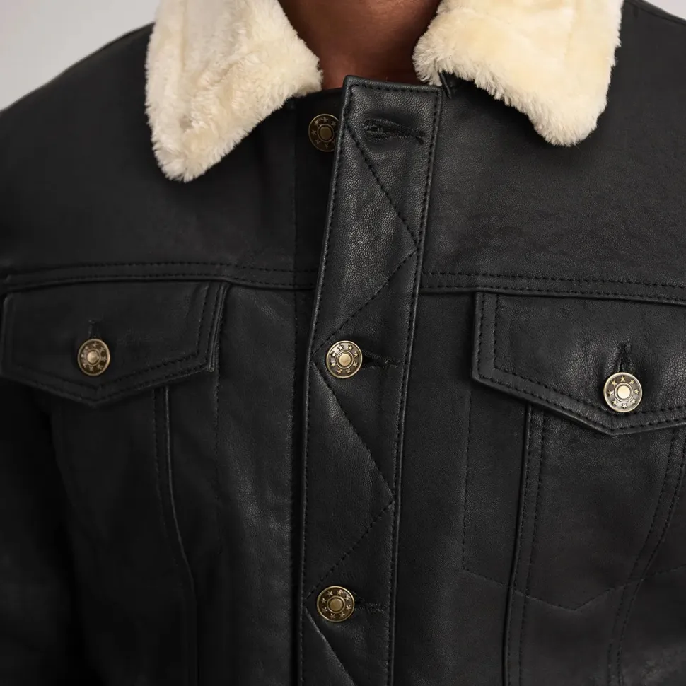 Dallis Distressed Black Leather Shearling Trucker Jacket