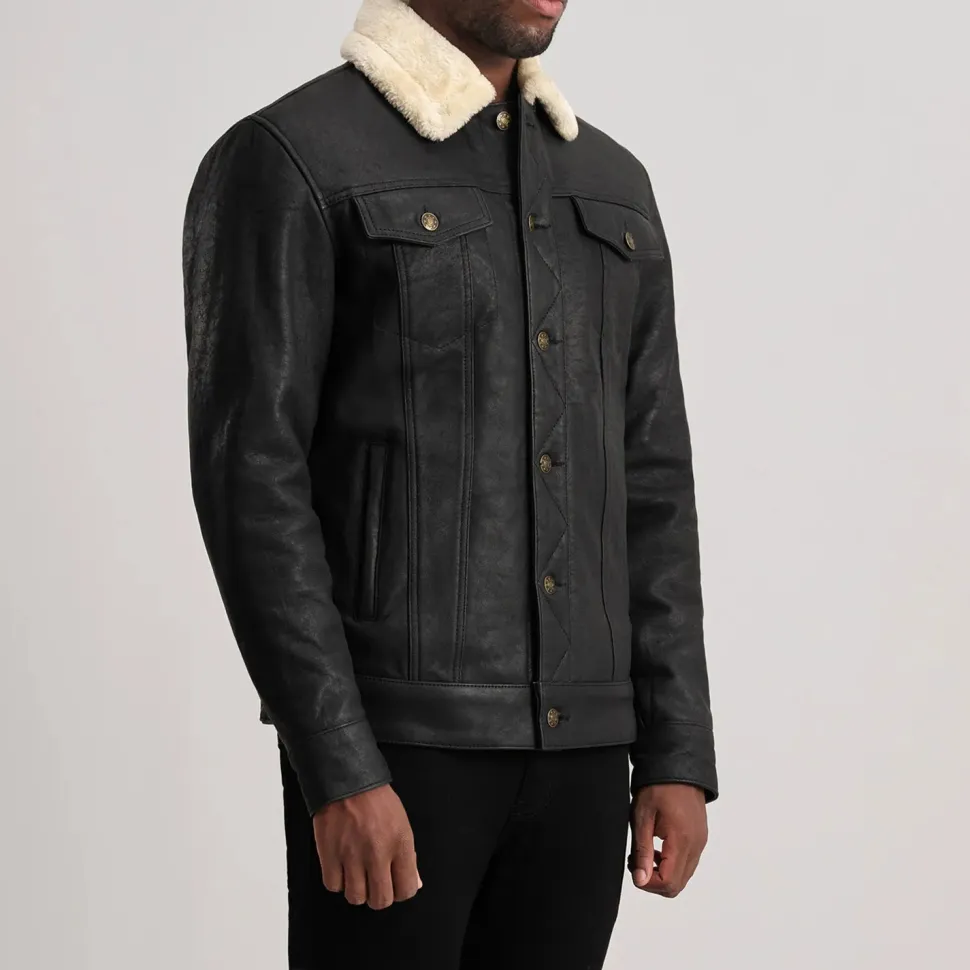 Dallis Distressed Black Leather Shearling Trucker Jacket