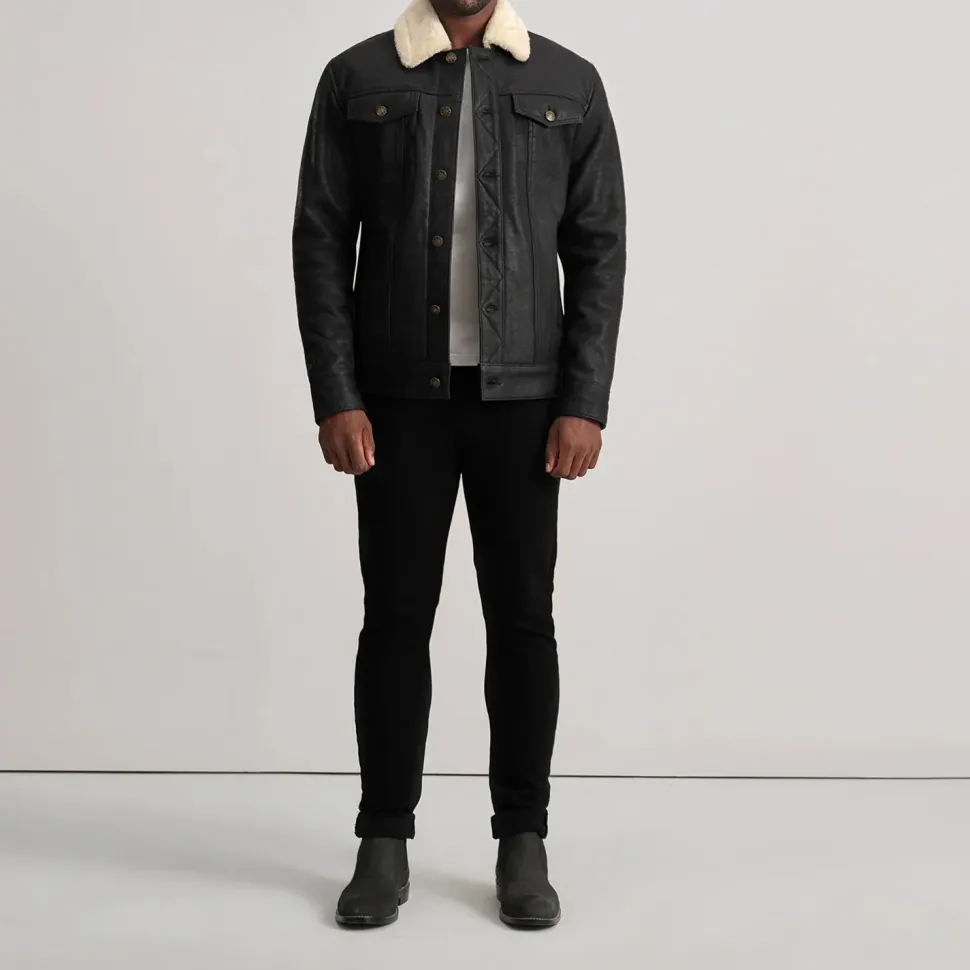 Dallis Distressed Black Leather Shearling Trucker Jacket