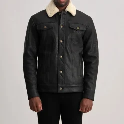 Dallis Distressed Black Leather Shearling Trucker Jacket