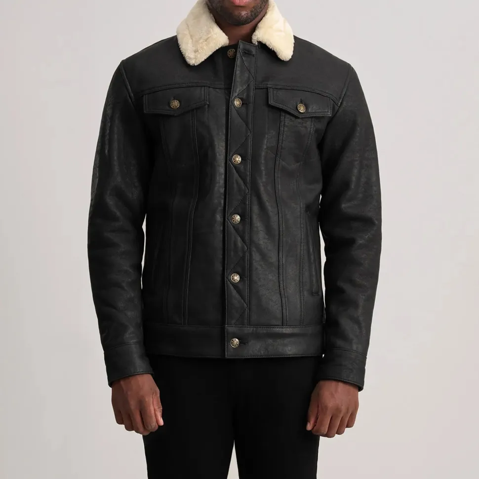 Dallis Distressed Black Leather Shearling Trucker Jacket