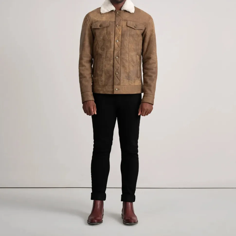 Dallis Distressed Brown Leather Shearling Trucker Jacket
