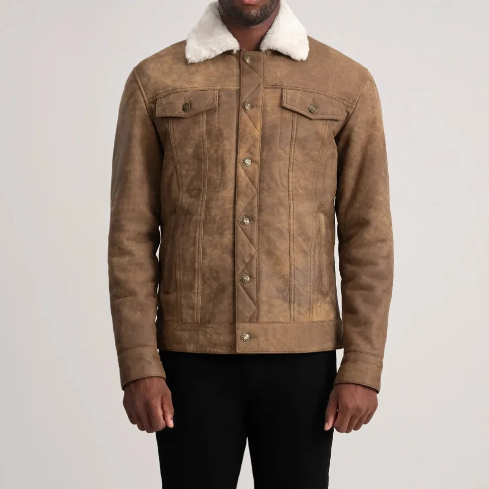 Dallis Distressed Brown Leather Shearling Trucker Jacket
