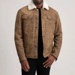 Dallis Distressed Brown Leather Shearling Trucker Jacket