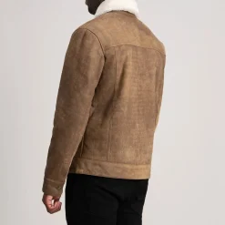 Dallis Distressed Brown Leather Shearling Trucker Jacket