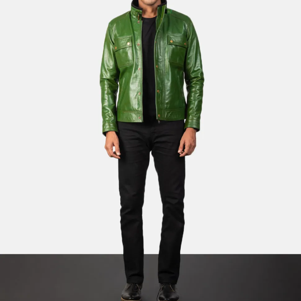 Darren Distressed Green Leather Biker Jacket