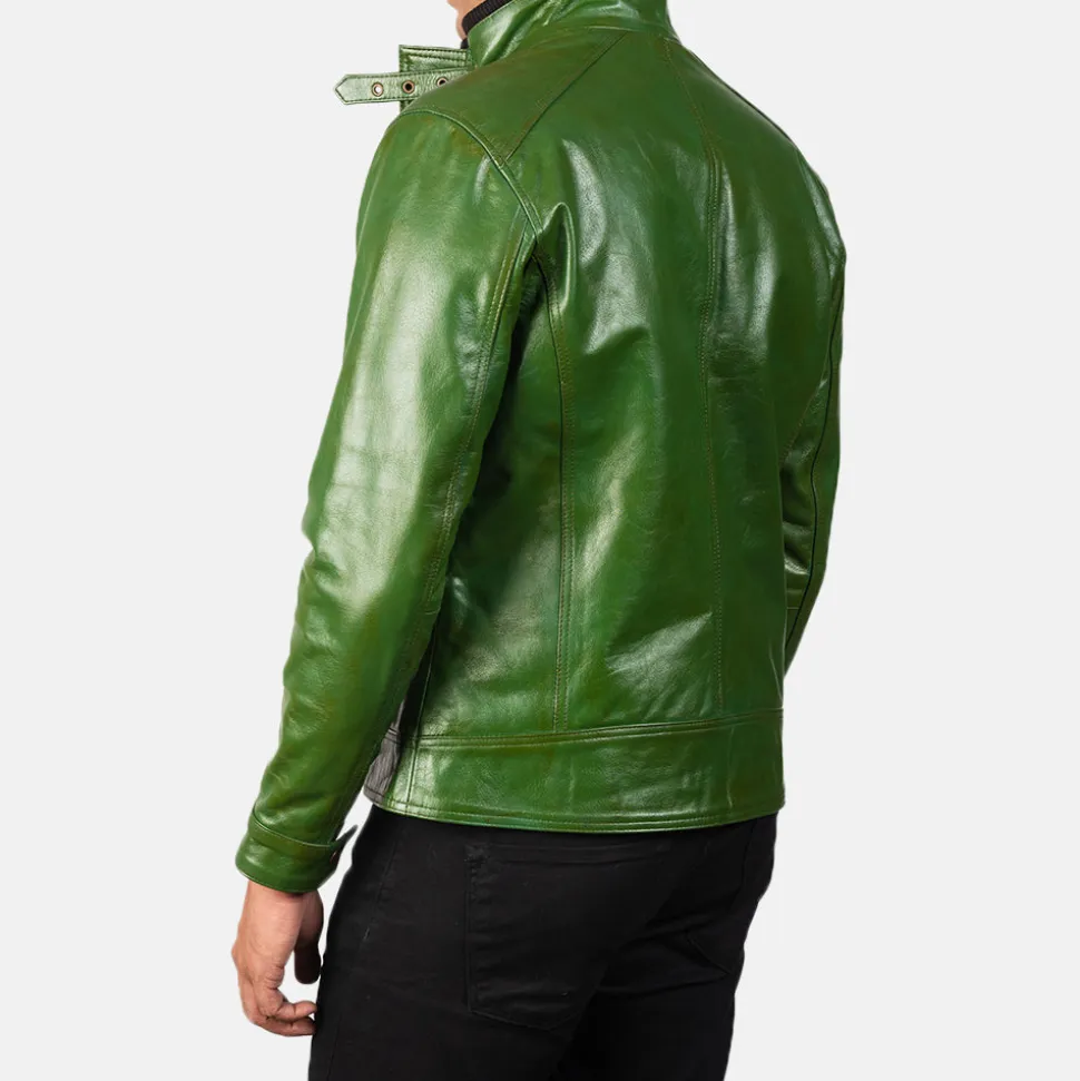 Darren Distressed Green Leather Biker Jacket