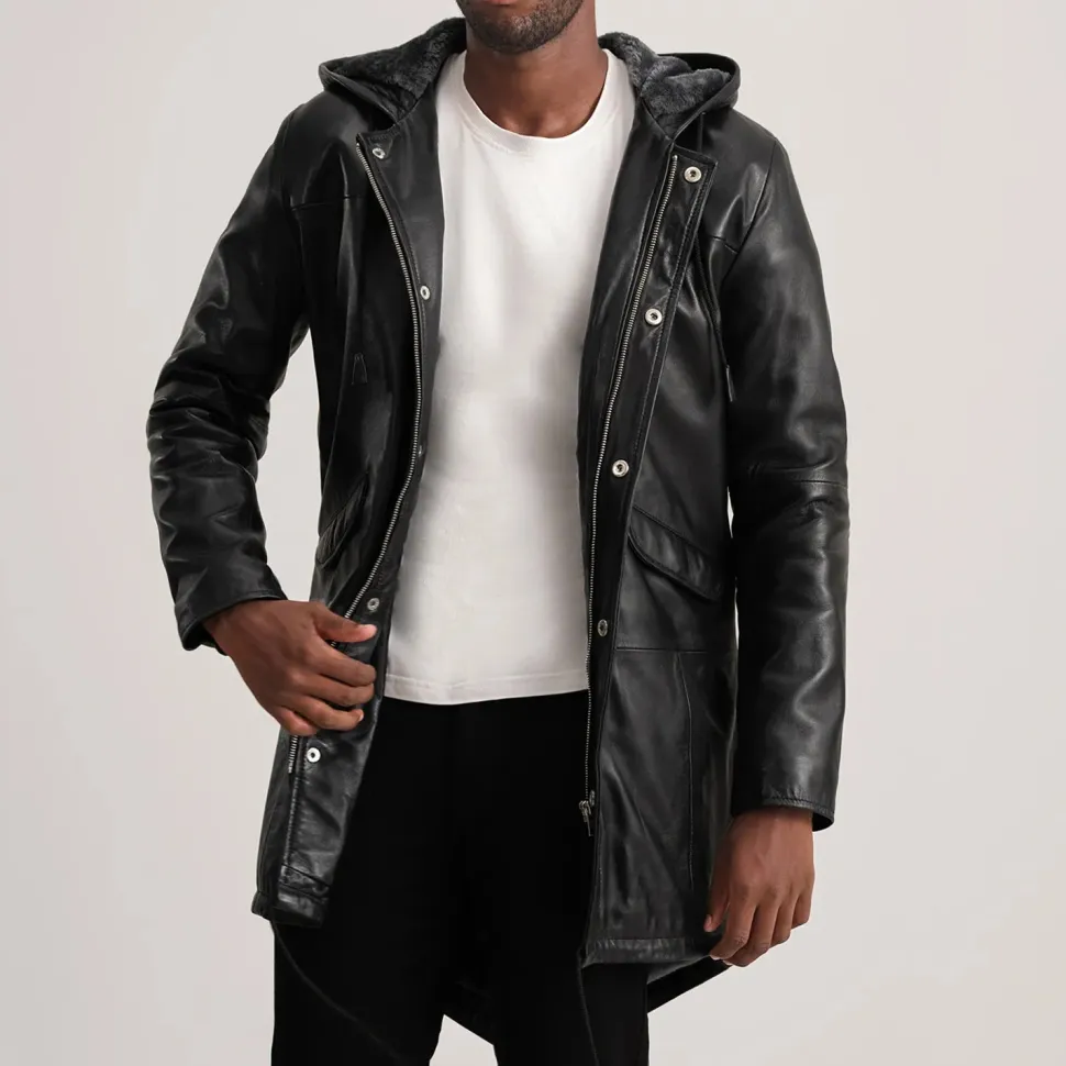 Delvin Black Leather Parka