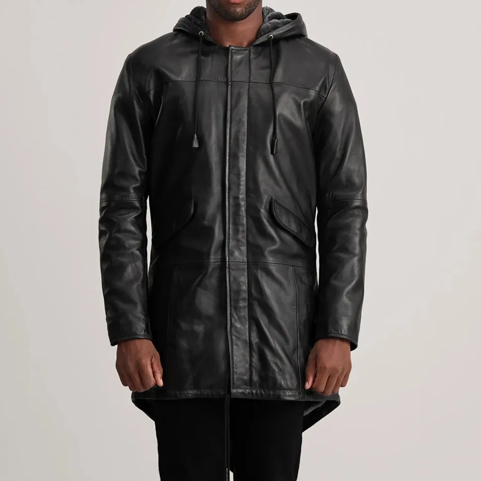 Delvin Black Leather Parka