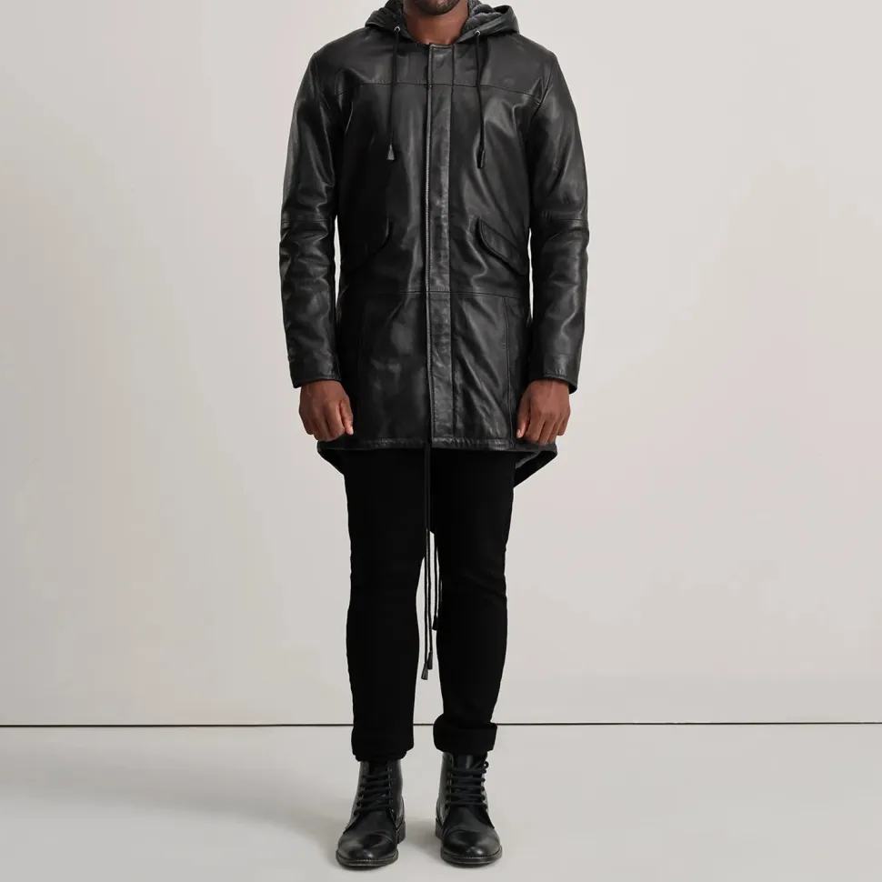 Delvin Black Leather Parka