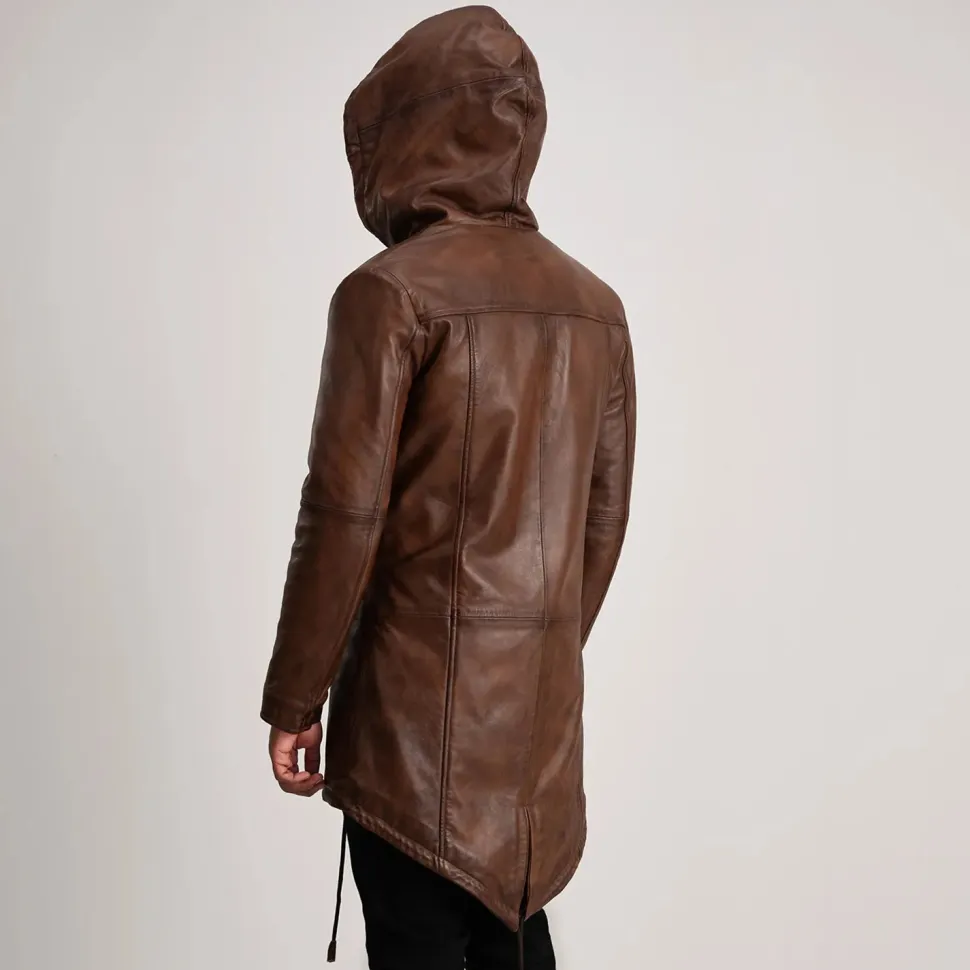 Delvin Distressed Brown Leather Parka