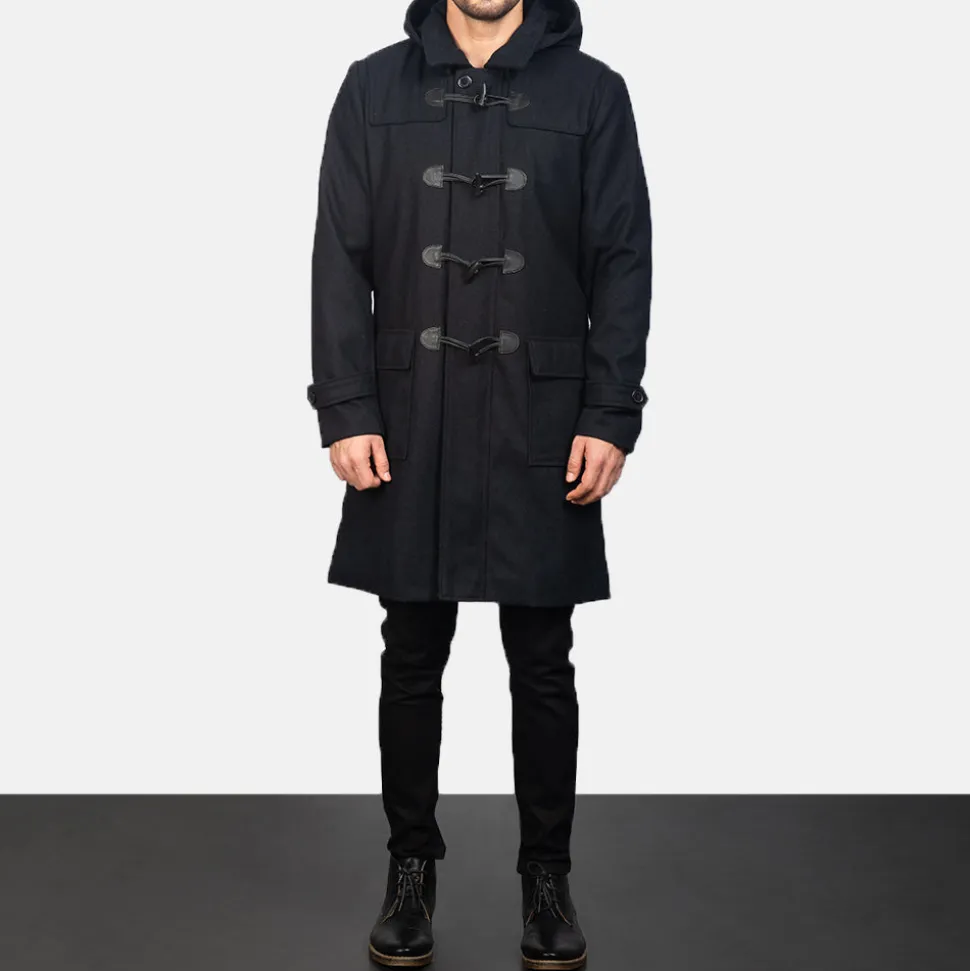 Drake Black Wool Hooded Duffle Coat