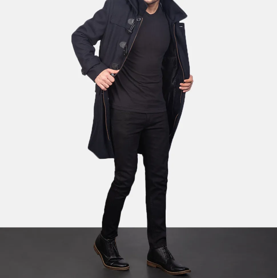 Drake Black Wool Hooded Duffle Coat