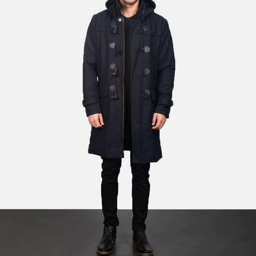 Drake Black Wool Hooded Duffle Coat