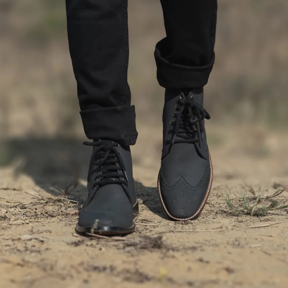 Duster Brogues Derby Black Nubuck Leather Boots