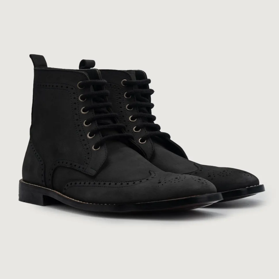 Duster Brogues Derby Black Nubuck Leather Boots