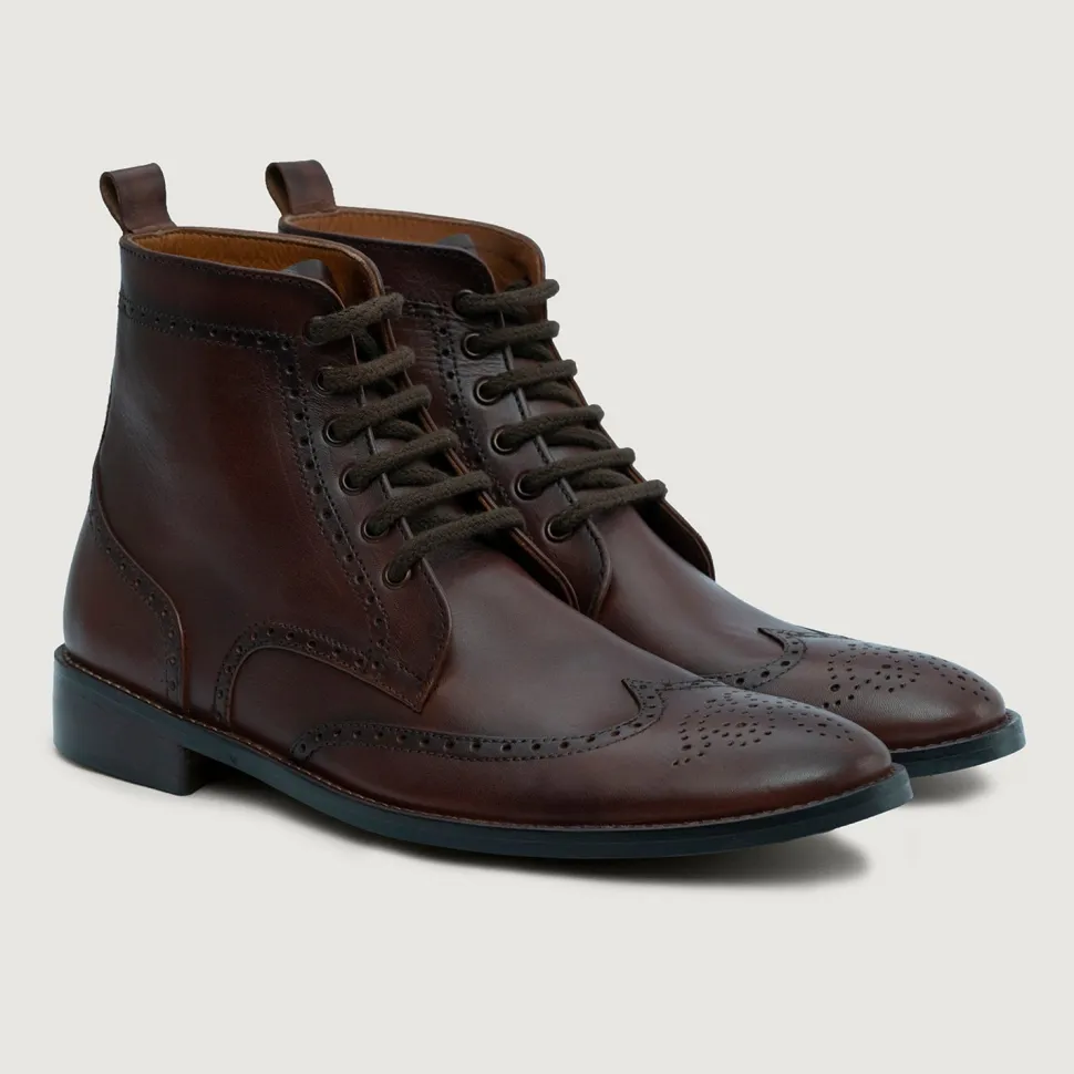 Duster Brogues Derby Brown Burnished Leather Boots - StudGuard
