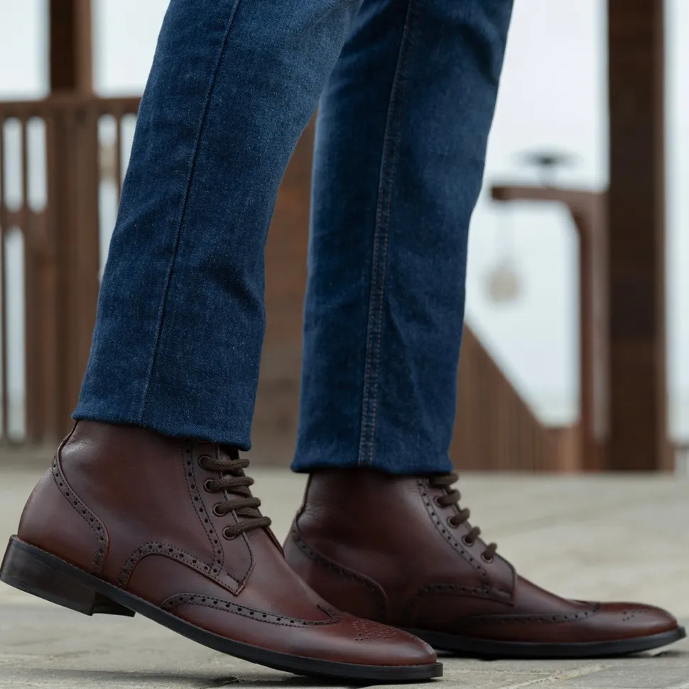 Duster Brogues Derby Brown Burnished Leather Boots - StudGuard