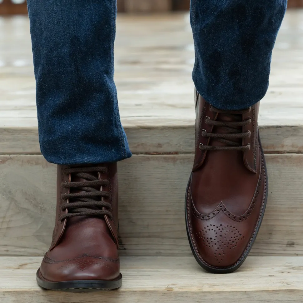 Duster Brogues Derby Brown Burnished Leather Boots - StudGuard