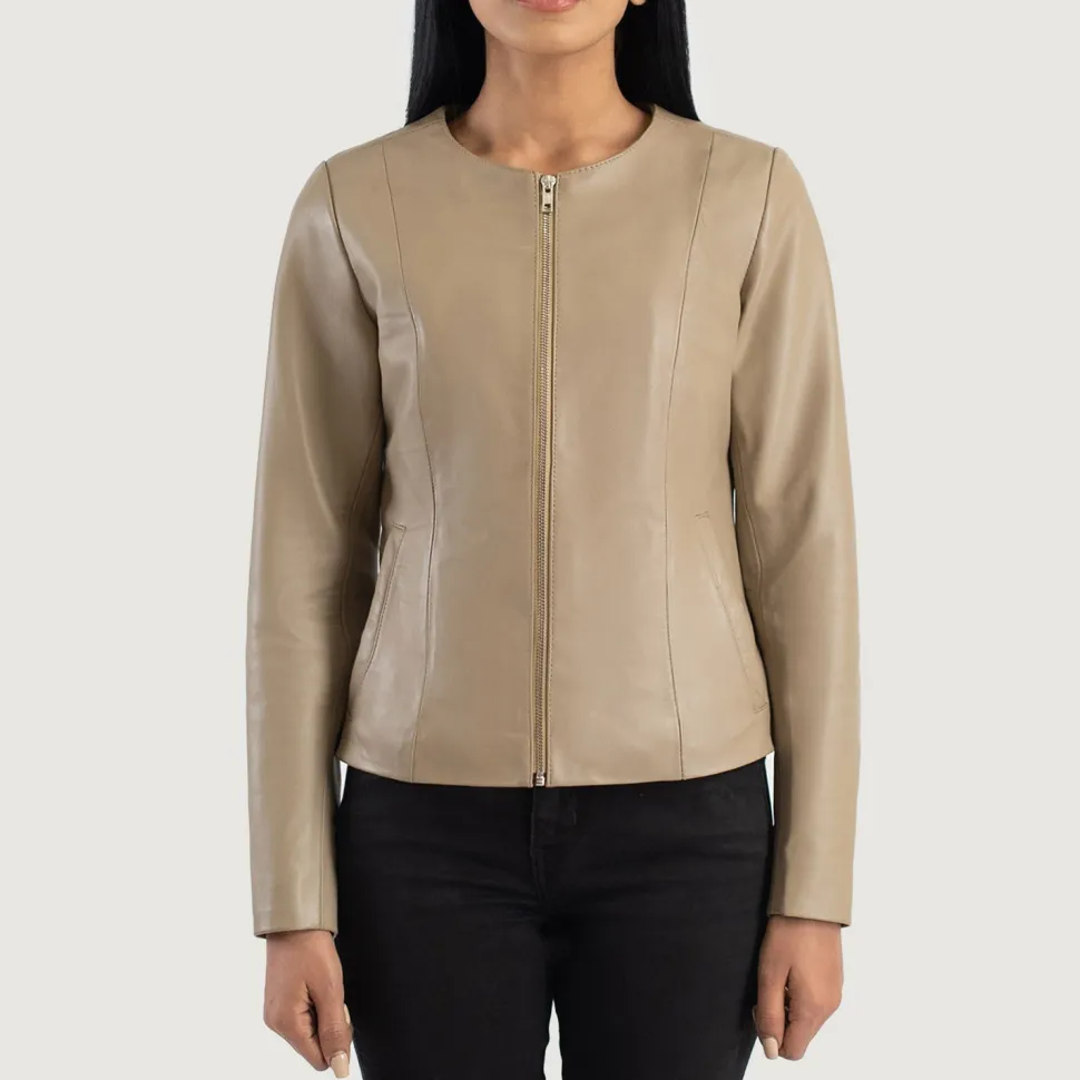 Elixir Beige Collarless Leather Jacket
