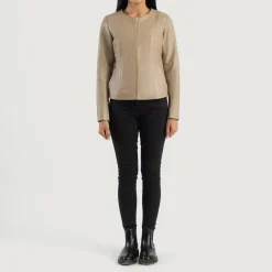 Elixir Beige Collarless Leather Jacket