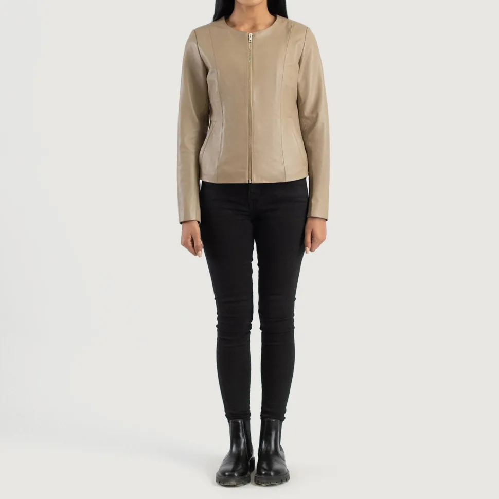 Elixir Beige Collarless Leather Jacket