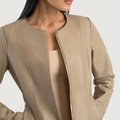 Elixir Beige Collarless Leather Jacket
