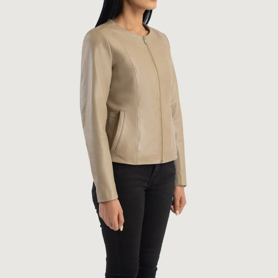 Elixir Beige Collarless Leather Jacket