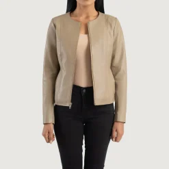 Elixir Beige Collarless Leather Jacket