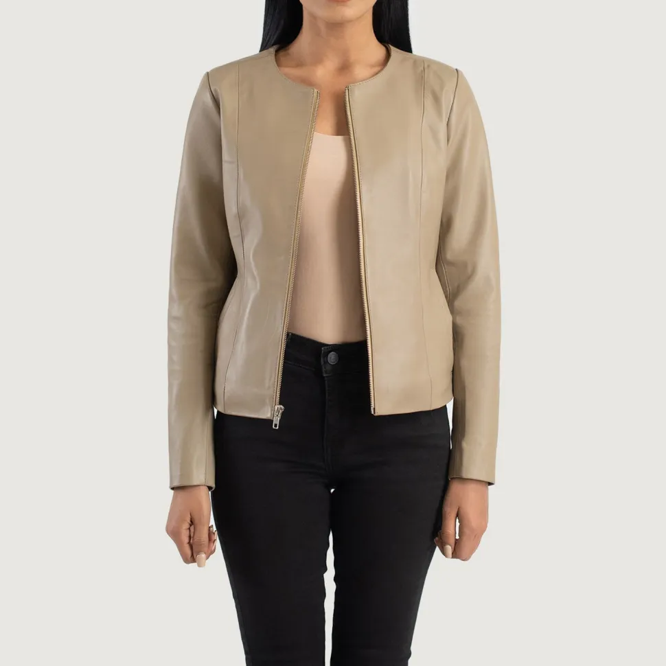 Elixir Beige Collarless Leather Jacket