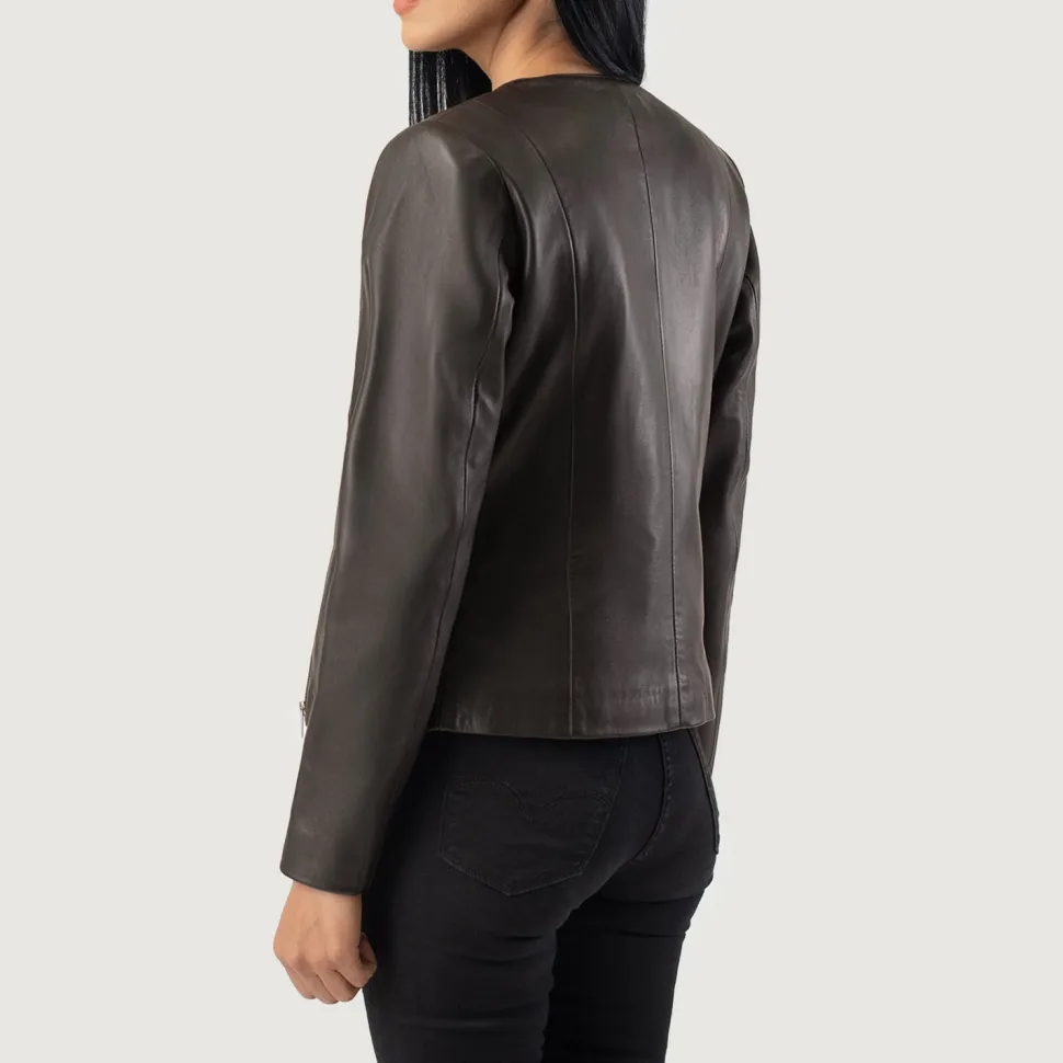 Elixir Brown Collarless Leather Jacket