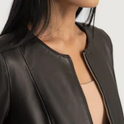 Elixir Brown Collarless Leather Jacket