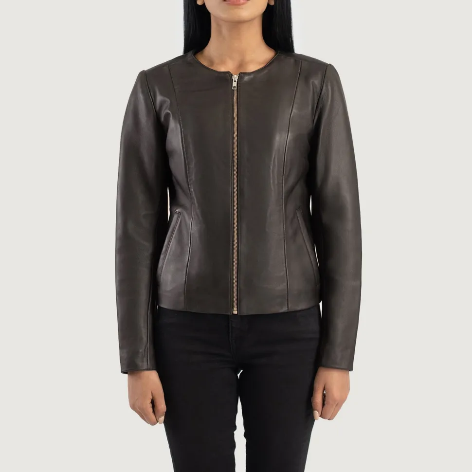 Elixir Brown Collarless Leather Jacket