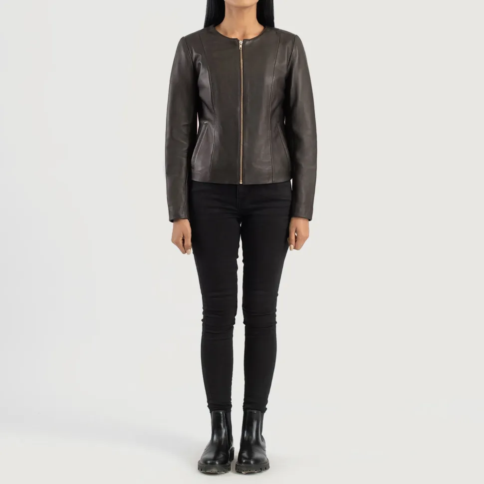 Elixir Brown Collarless Leather Jacket