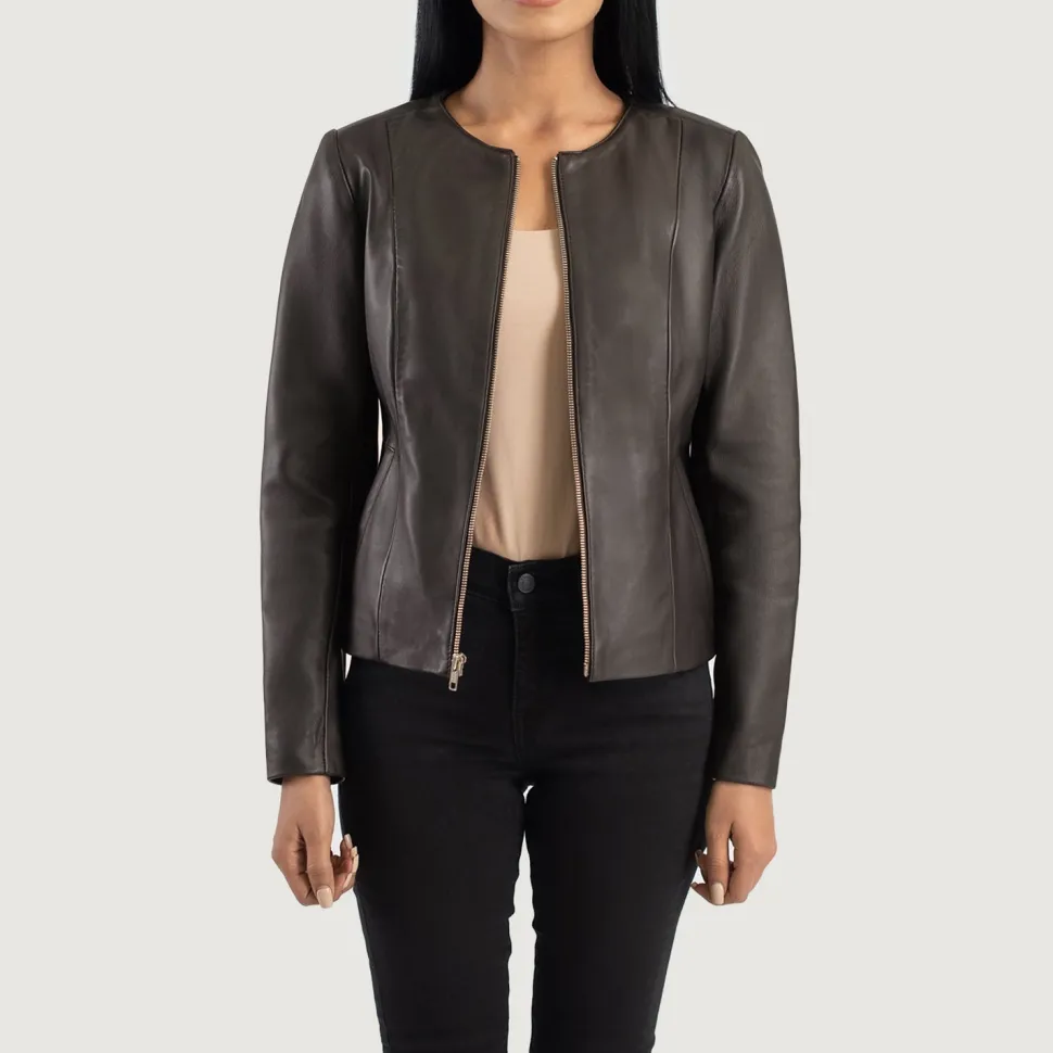 Elixir Brown Collarless Leather Jacket